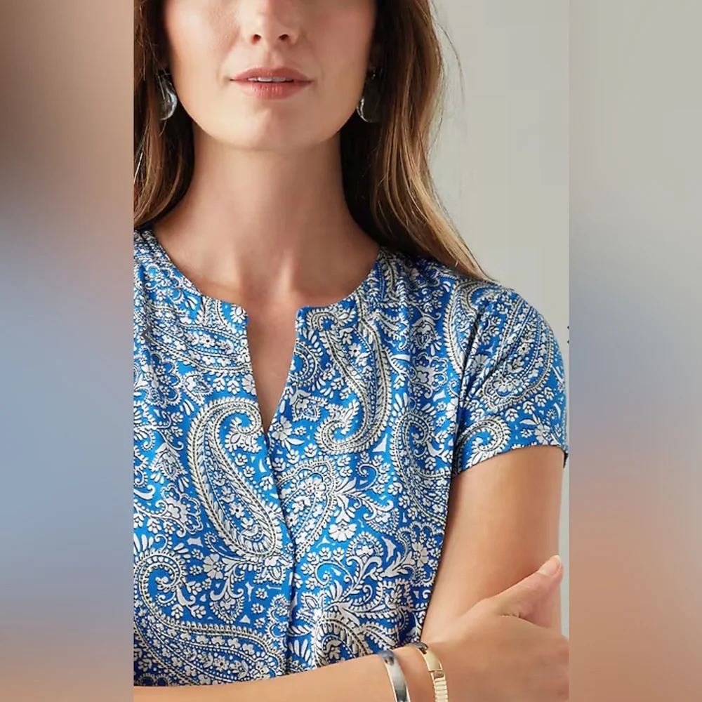 J. Jill Paisley-Printed A-Line Dress blue white short sleeve XLP NWT - Picture 5 of 11